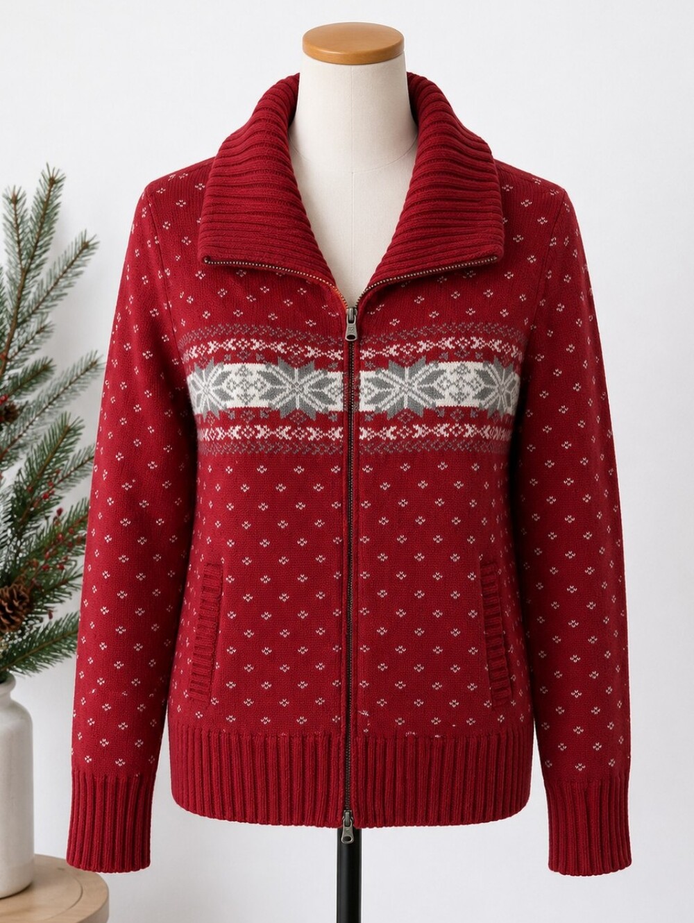 Eddie Bauer Women M Red Fair Isle Zip Up Sweater Cotton Wool Blend Y2K‎